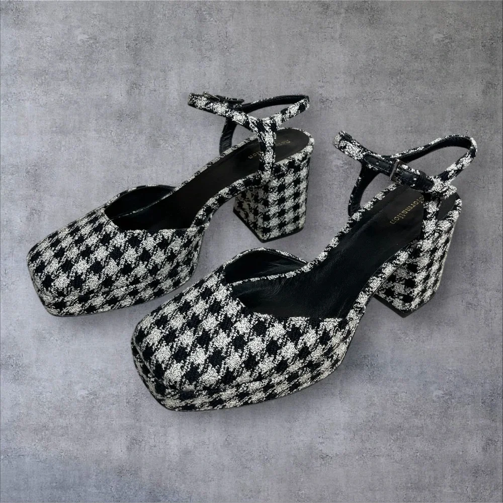 Reformation Marisol Platform Heel Shoes Black White Houndstooth Fabric Women 7